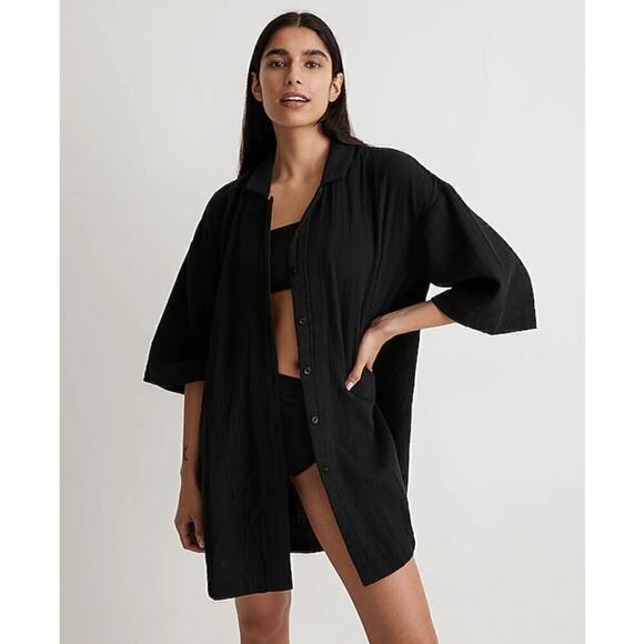 Madewell Dresses & Skirts - Madewell Crinkle Cotton Cover Up Mini Shirtdress Relaxed True Black NWT S
